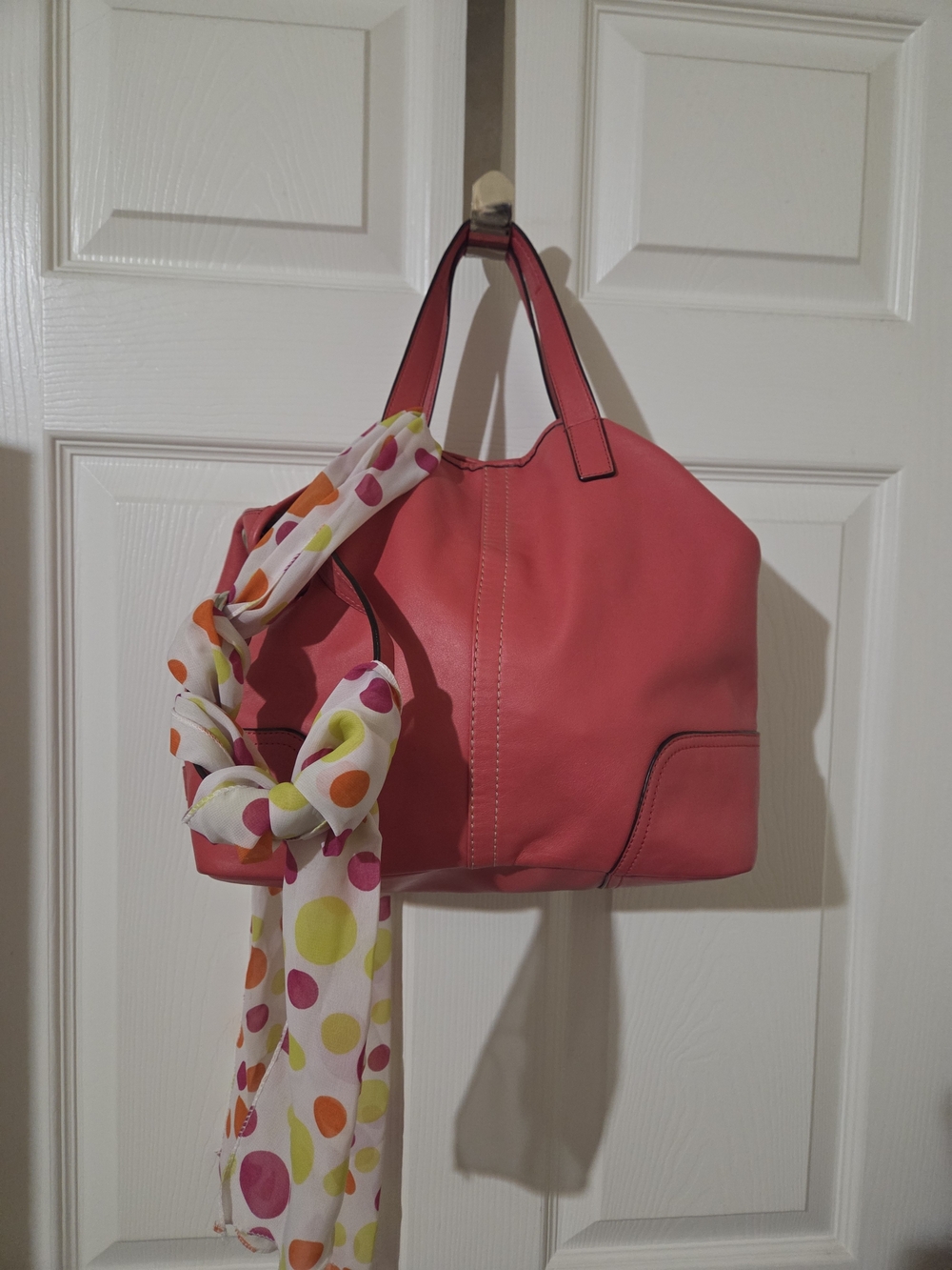 Coach Coral-Pink Leather Shoulder Bag with Strap & Polka Dot Scarf
